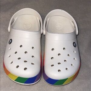 White Crocs with Rainbow Trim